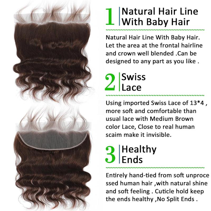 Chocolate Brown Bundles Glossy Hair Bundles Brazilian Body Wave Bundles with Lace Frontal Raw human hair bundles 100% Unprocessed Brazilian Virgin Hair Bundles Quick Weave Hair Extension Outdoorfun Wig deals for you days