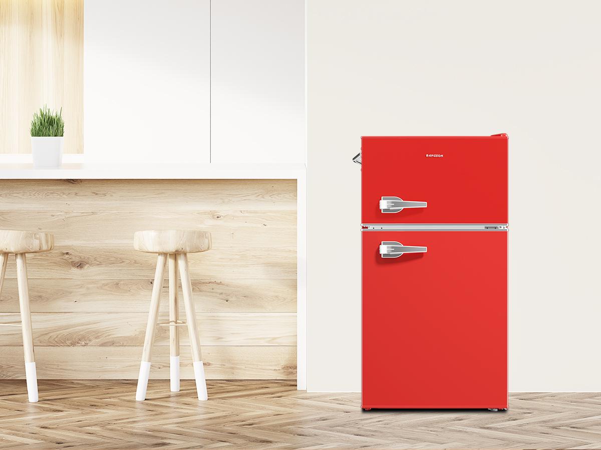 BANGSON Retro Fridge 3.2 Cu.Ft Mini Refrigerator with Double Door & Freezer Adjustable Thermostat Energy-Efficient LED Light Red Household Appliance Gift idea Christmas Gift