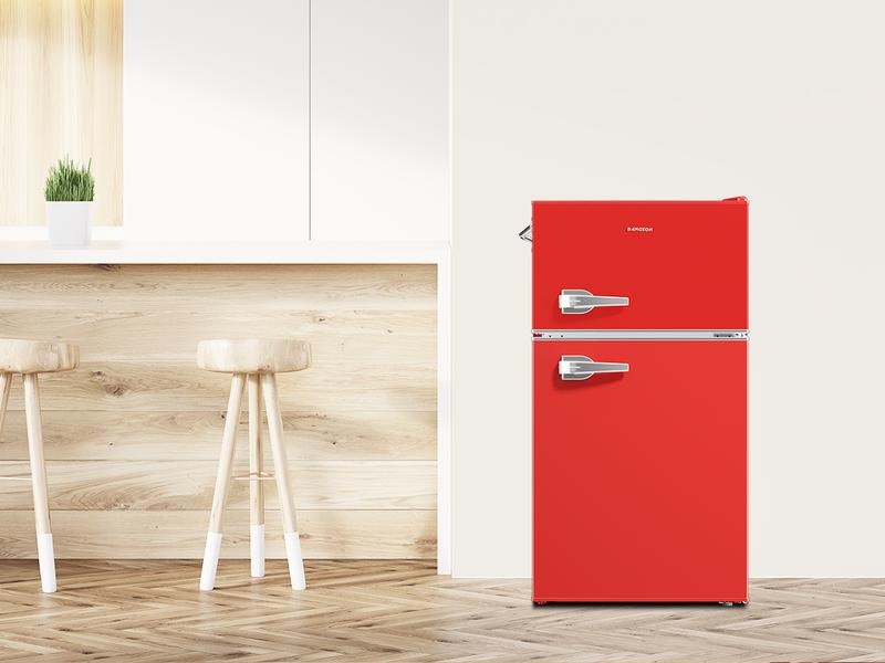 BANGSON Retro Fridge 3.2 Cu.Ft Mini Refrigerator with Double Door & Freezer Adjustable Thermostat Energy-Efficient LED Light Red Household Appliance Gift idea Christmas Gift