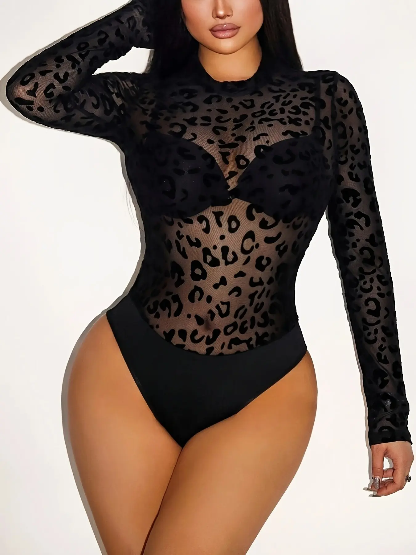 Spring Summer New Leopard Print Mesh Round Neck Long Sleeve Transparent Jumpsuit, Sexy Holiday Party Women's Elegant One-Piece Pants