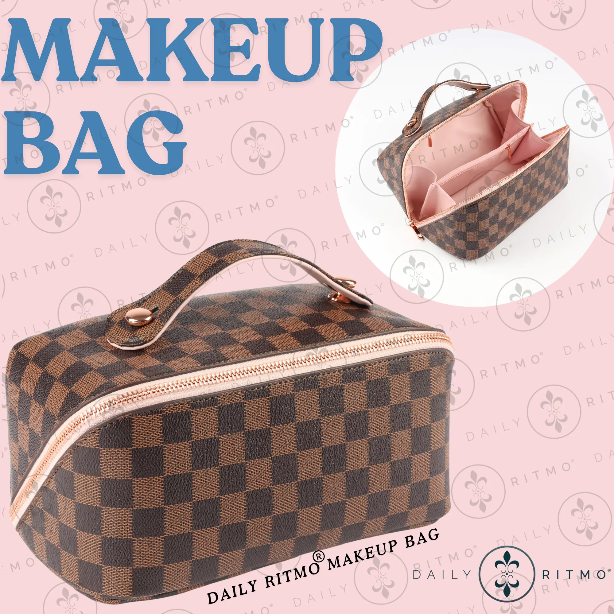 DAILY RITMO Women's Checkered PU Leather Makeup Bag - Portable Cosmetic Organizer, Pink Interior, Rose Gold Zippers, Cosmetic Organizer Pouch, Travel Makeup Bags, Vanity Organization Essential, Makeup Organizer Pouches