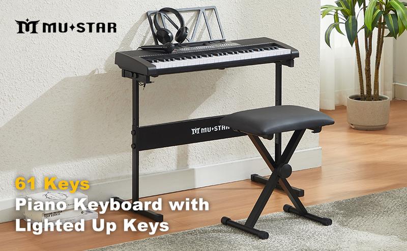 61 Key Piano Keyboard Electric Piano with Light-Up Keys 255 Tones Rhythms Smart Learning System Headphone Microphone Keyboard Stand Stool Stickers Complete Set for Beginners