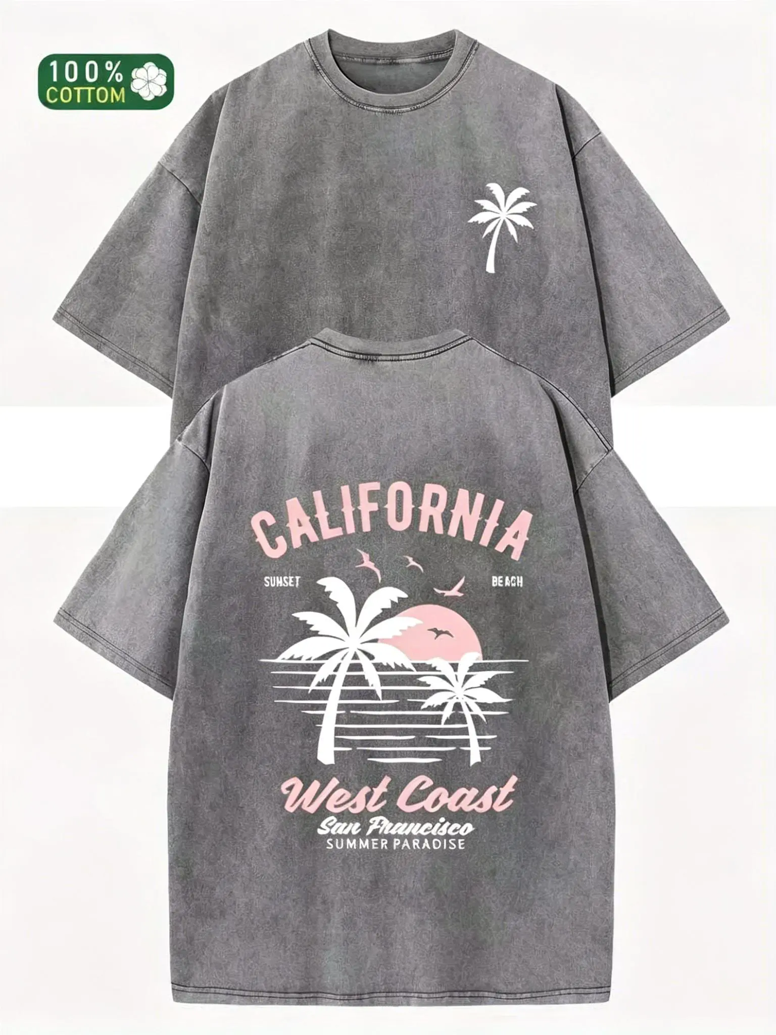 Women's Washed Cotton California Graphic Tee-Black - 230g Soft Vintage Aesthetic Shortsleeve Surf Beach Crewneck, Loose Baggy with Palm Trees Retro Print, Summer Casual Cute Tops Clothes