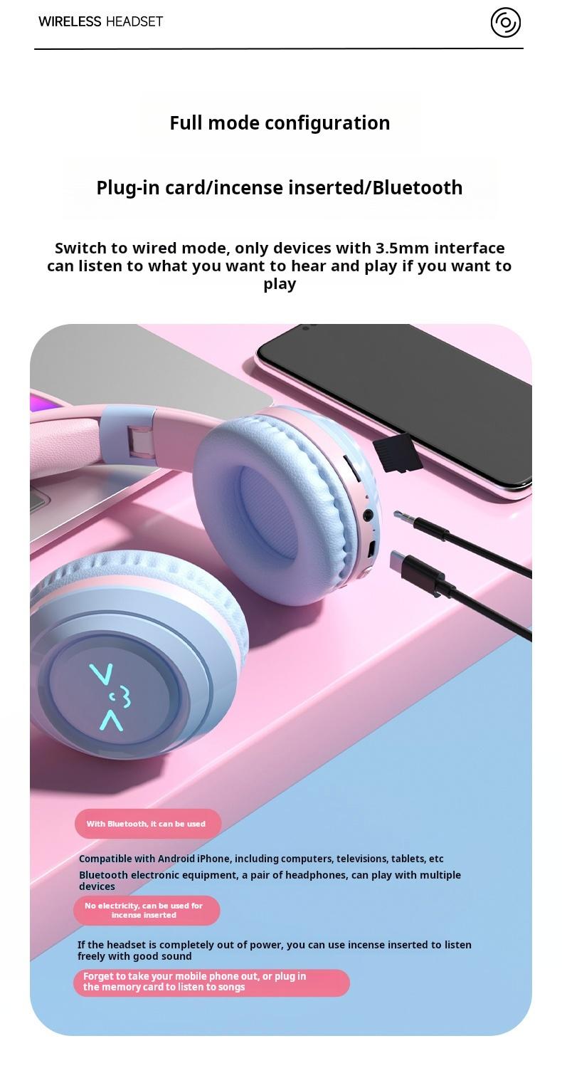 Wireless Bluetooth Cat Ear Headphones with Mic LED Light Foldable Over Ear Headset for Mobile Phone Laptop and Computer Cute Gift for Kids Teens and Adults