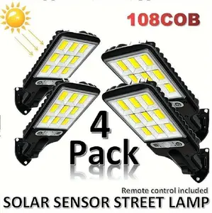 4 Sets Solar Powered LED Street Lights – Smart Remote & IP65 Motion Sensor – 3 Modes (Security/Dim/Highlight) for Pathways, Garages, Backyards & Front Yards – Heavy-Duty Waterproof Lighting Solution for Home & Outdoor Areas