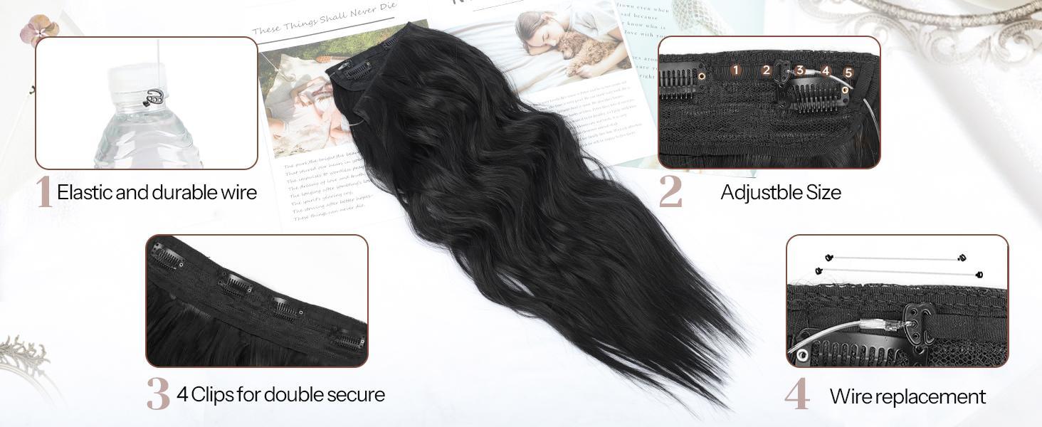 AISI HAIR Long Curly Wavy Invisible Wire Hair Extensions with Transparent Wire Hairpieces for Women Flexible Adjustable Easy Application Natural Look - Curling