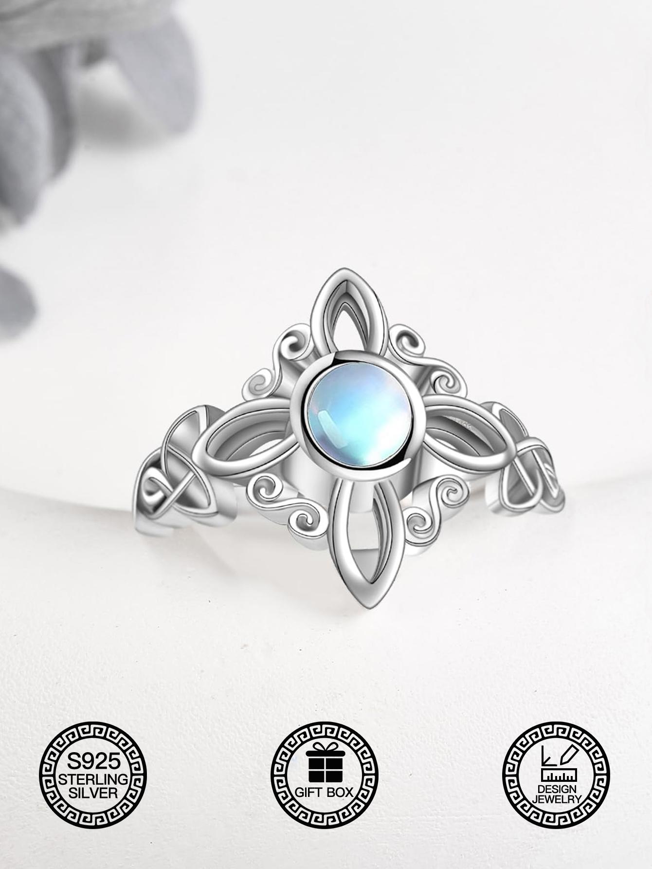S925 Sterling Silver Celtic Knot Moonstone Ring – Elegant Vintage Floral Design for Women Jewelry Gift Box, Everyday Wear Engagement Rings