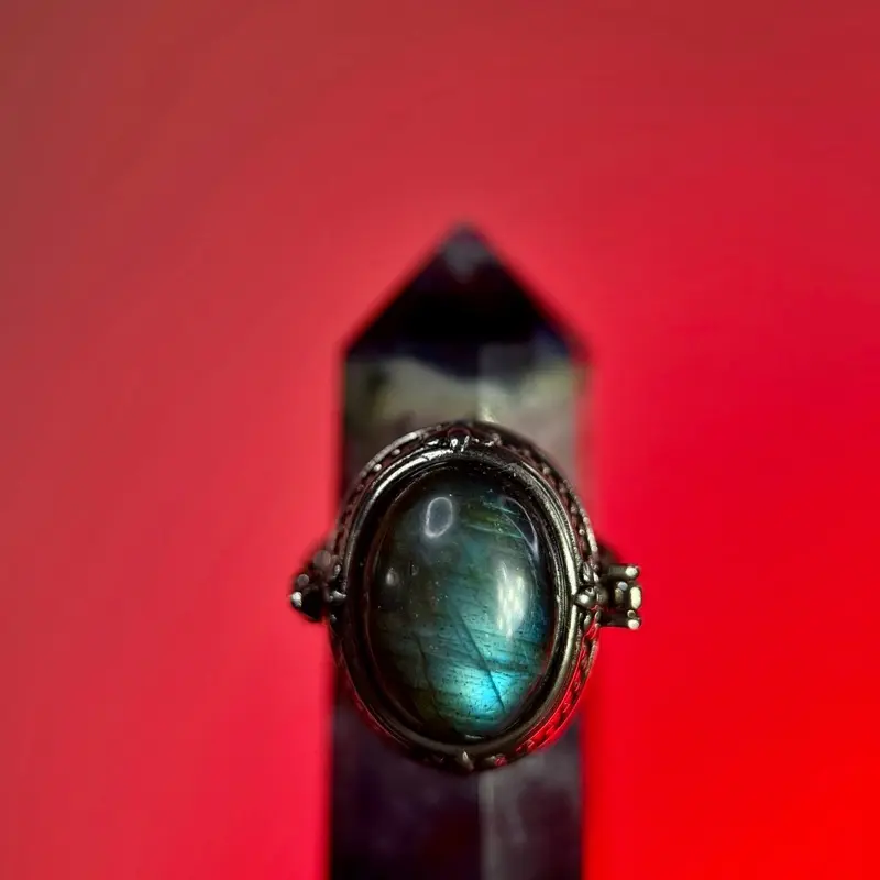 Ford Family Finds Artisan Labradorite Locket Ring - 10g Heavy Poison Style, Unique Bold Galaxy Full-Spectrum Flash Costume Jewelry Ring