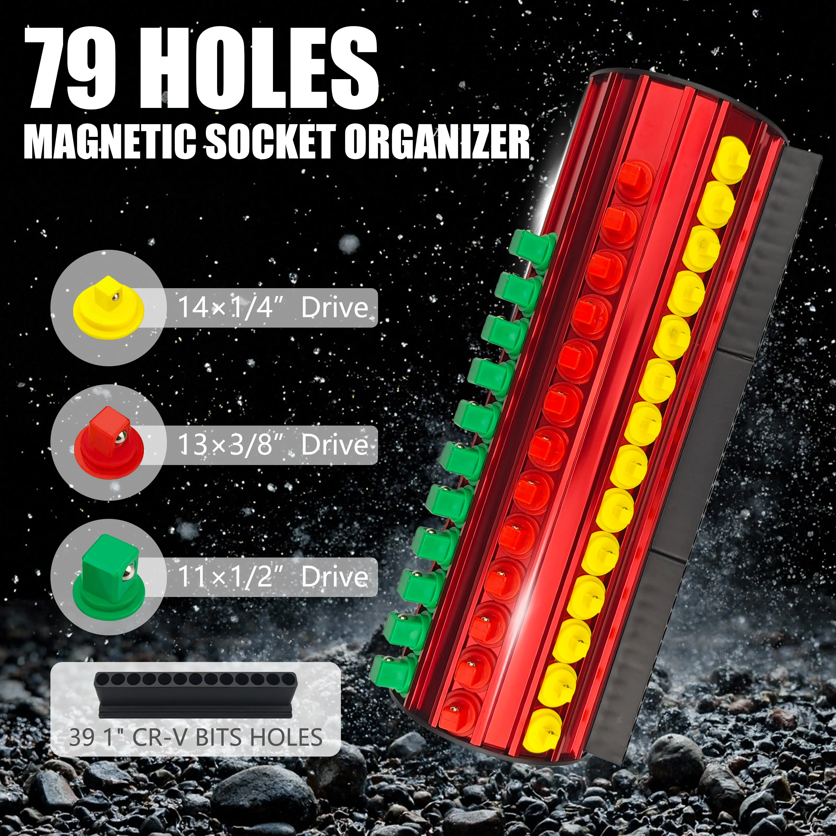 Magnetic Metal Socket Organizer - 79-Hole, 39 Bit Slots, 1/4”, 3/8”, 1/2” Inch Drives, Bit Socket Set, Heavy-Duty Wrench Rack for Mechanics, Garage Organization Tool Management