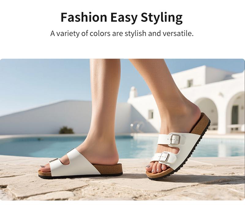 Trary Women's Slides Sandals with Cork Footbed Open Toe Flat Sandals for Women Adjustable Double Buckles Comfortable Slip On Slippers for Summer Party Casual Shoes  Dealsforyoudays