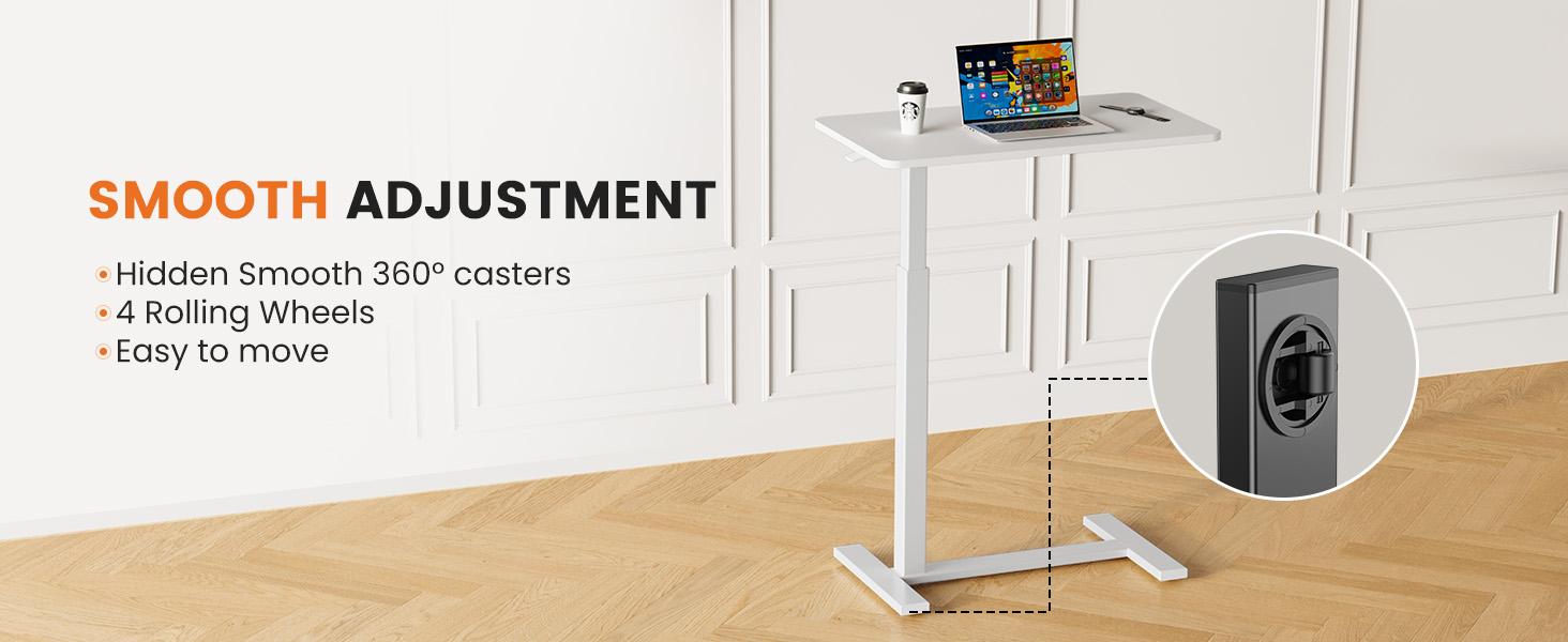 Sweetcrispy L-Shaped Modern Bedside Table with Wheels, Adjustable Height Tray, Mobile Laptop PC Workstation, Indoor Furniture for Home Use