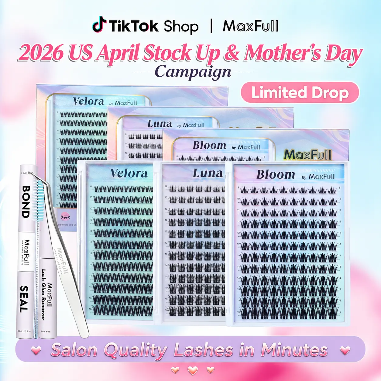 MaxFull Luna & Velora & Bloom Lashes Cluster |Limited-Time Launch Sale |Cloud-Soft 0.03mm Band |Realistic Blend Brown–Black Fibers | Ultra-Comfortable All-Day Wear | Natural to Fuller 3D Volume | Beginner-Friendly DIY | Long-Lasting Must-Have Looks