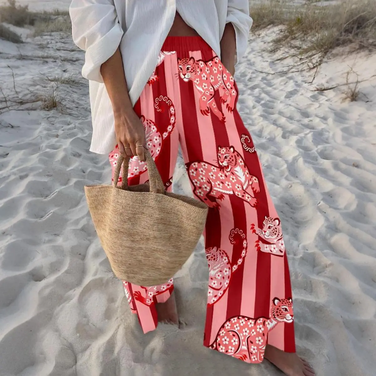 Women Palazzo Trousers Vibrant Leopard Print Wide-leg Stylish Design Stripe Pants Spring Outdoor Statements