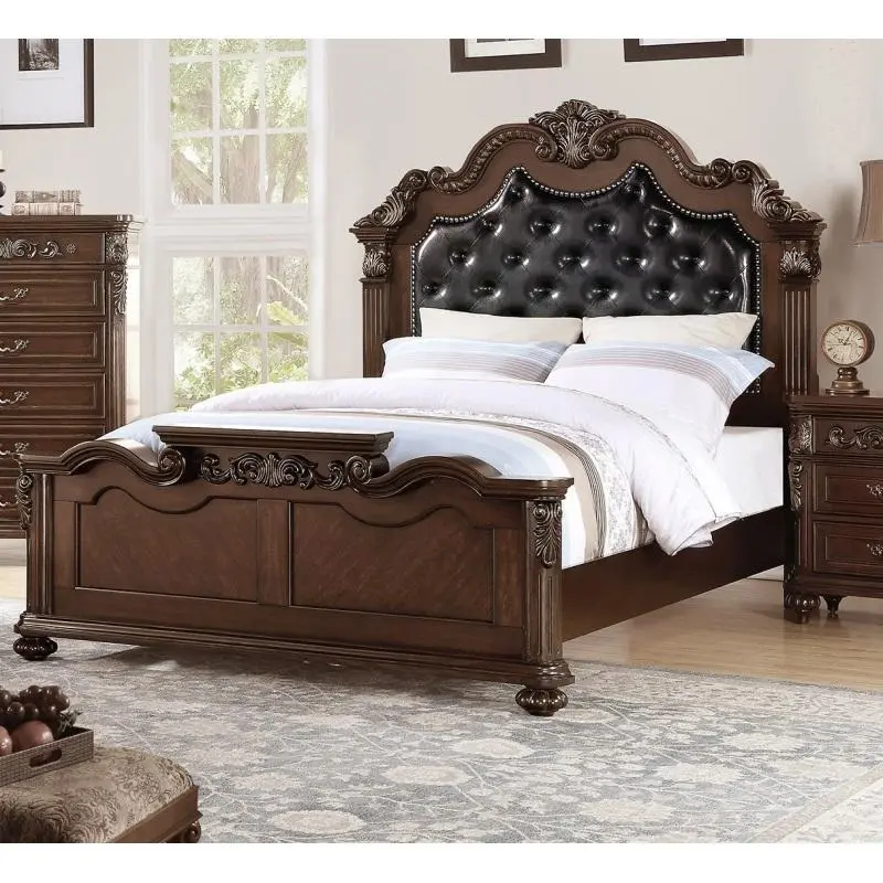 Bellemave   Wooden Bed Frame with Tufted Faux Leather Headboard, Traditional Antique Cherry Finish (1pc) Wingback Bed Wood Bed Frames Victorian Style Headboard