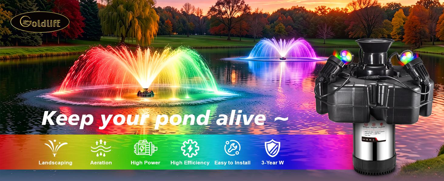 Goldlife Pond Fountain Aerator F4, With 4 RGB Lights, 110V 1HP 750W 15000GPH, 100FT Power Cord, Powerful Aerating Fountain Pump for Outdoor Small Large Pond Lake Garden Jet Fountain System