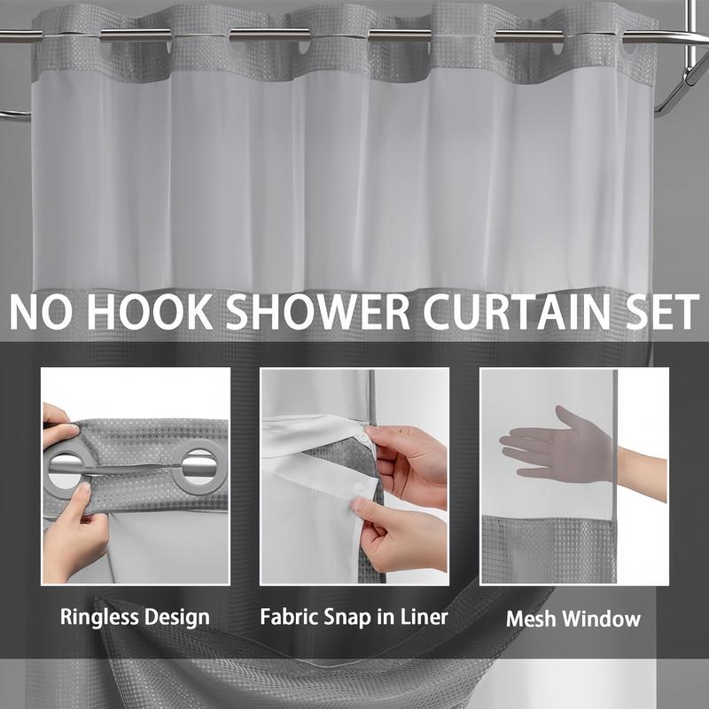White No Hook Shower Curtain with Snap in Liner -grey Waffle-Pattern Shower Curtain Double Layer Shower Curtain -Fabric Waterproof Inner Liner,Bathroom Accessory for Home, Hotel, Salon & Dormitory Decor