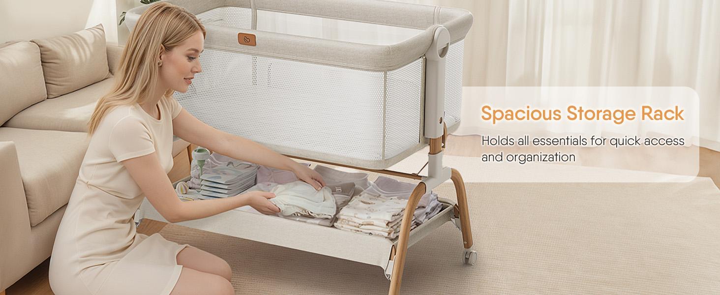 BabyBond 3-in-1 Baby Bassinet Bedside Sleeper, 6-Height Adjustable Crib with Mattress & Soft Breathable Sheet, Full-Mesh Sides and Ventilated Net, Easy-to-Fold Portable Style & Wheels, Safe and Steady Bassinet for Newborns, Ideal Christmas Gift for Babies