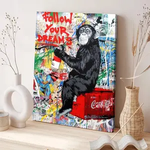 Graffiti Chimpanzee Pattern Canvas Painting with Frame, Modern Artwork for Home Living Room Bedroom Office Decor, Ideal Gift