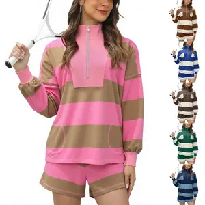 Mundoven Womens Valentine's Day Y2K Lounge Sets 2 Piece Outfits Oversized Striped Set Matching Sweat Sets Long Sleeve Shirt and Shorts Set