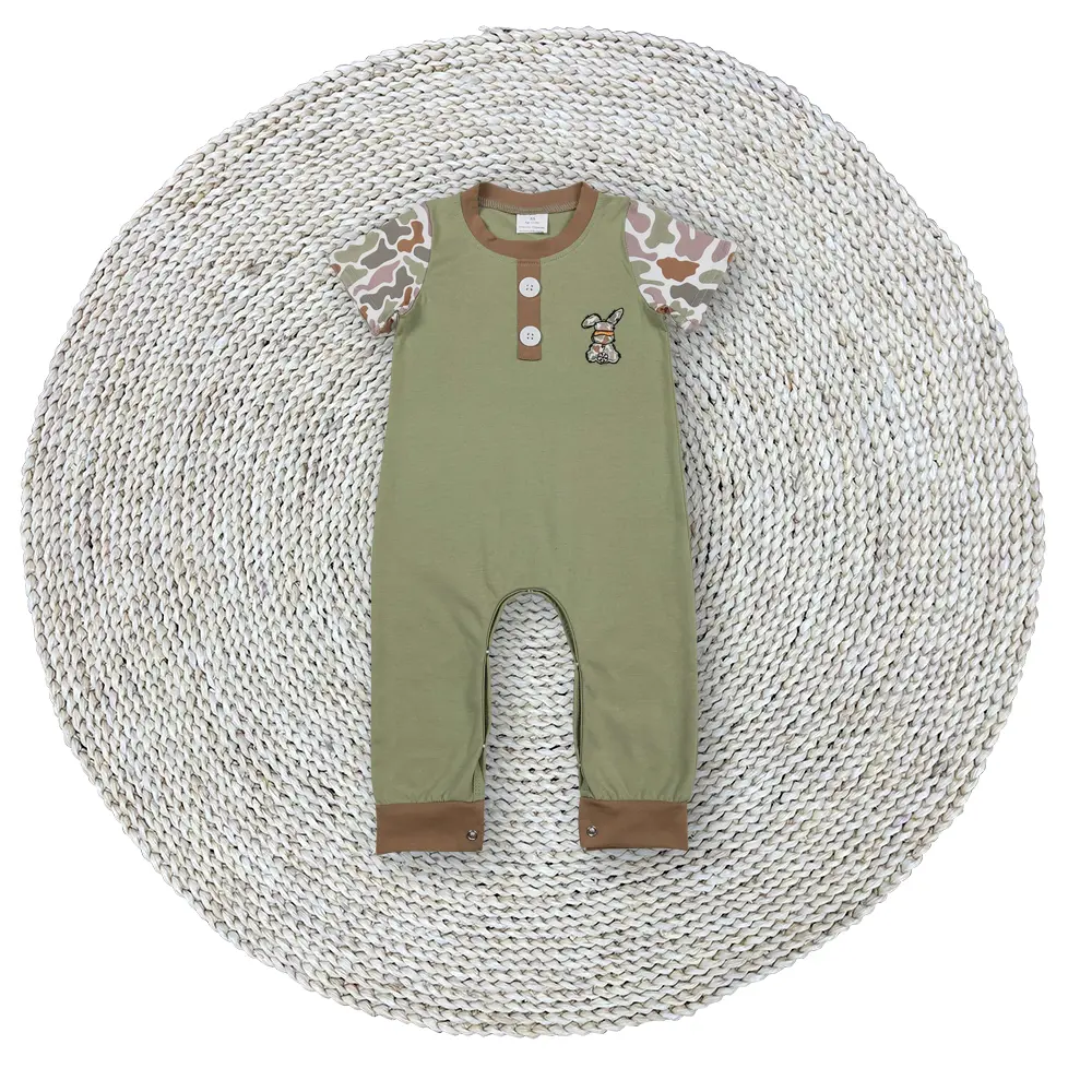 Little Baby Boys Easter Cute Rabbit Embroidery Round Neck Camouflage Short Sleeve Cotton Bodysuits Rompers Soft Stretchy Sleepers