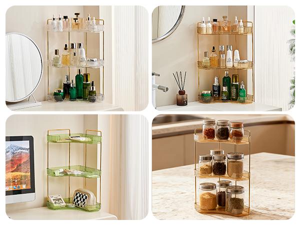 UFORU 3 Tiers Corner Bathroom Counter Organizer, Clear Countertop Shelf Storage Rack, Cosmetic Perfume Tray Standing Holder with Gold Metal Pole, Skincare Sink Organizer for Vanity Kitchen Transparent Smooth