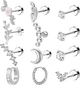 12-piece ear cartilage piercing jewelry set, unisex hypoallergenic flat earrings, medical steel ear cartilage earring set, studs, flower ear cartilage piercing earrings, ear cartilage piercing jewelry. perfect wear daily lasting long