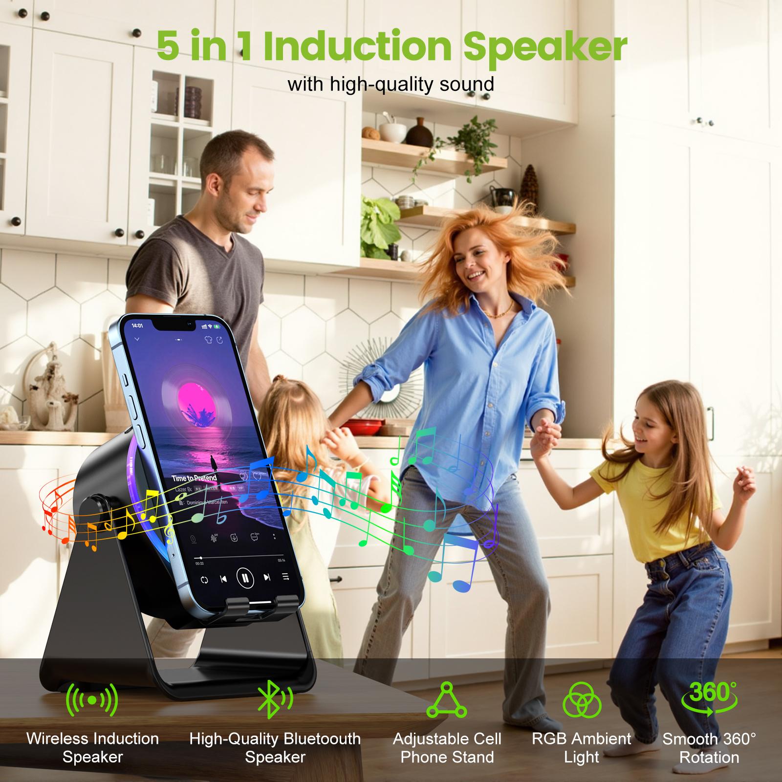 Dohelly 5 IN 1 Wireless Induction Audio Bluetooth Speaker, 360° Rotation Stand with LED, Universal Speaker Stands for Surround Sound&Charger,Portable Desktop Stand Gift  for Home, Shower, Outdoors, Travel.
