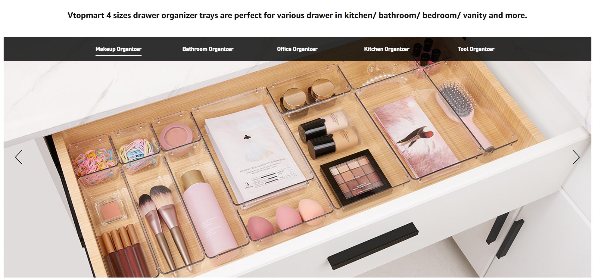 25PCS Clear Plastic Drawer Organizer Set 4 Sizes Desk Dividers Storage Bins for Makeup Jewelry Gadgets Kitchen Bedroom Bathroom Office Organization Home Decor with Divided Compartments Adjustable Transparent Boxes