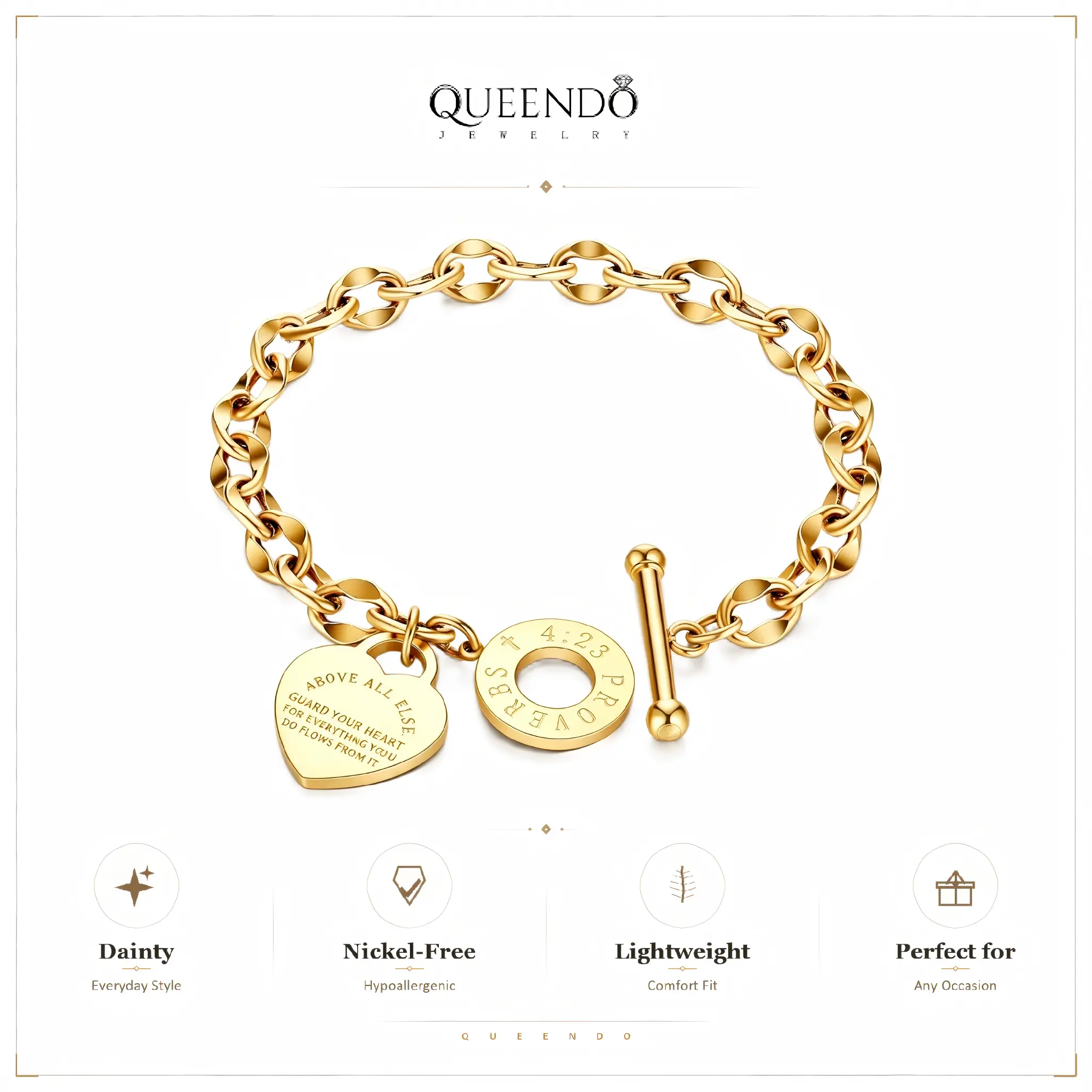 QUEENDO Engraved Heart Charm Toggle Bracelet, Thick Paperclip Link Chain with 2-Style Heart Pendants, Gold-Silver Multi-Color Adjustable OT-Clasp Stackable Wrist Ornament, Daily-Party Costume Jewelry Gift