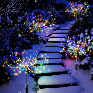JNOEC Halloween Christmas Garden Fireworks Solar Outdoor Lights 8 Pack 480 LED Pathway IP65 Solar Powered Starburst Fairy 8 Lighting Modes for Patio Yard Decorative Warm White Multi-Color