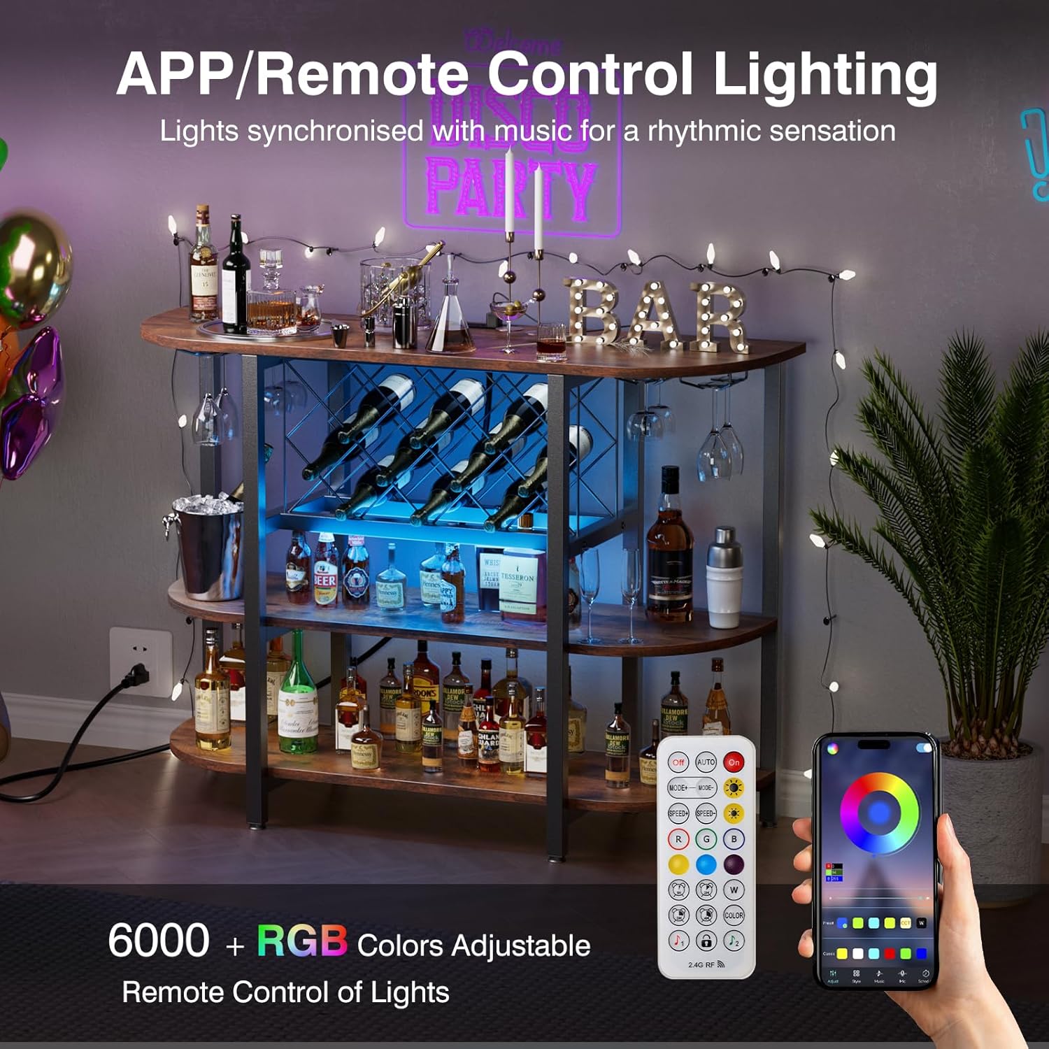 Wine Rack Table with LED Lights & Power Outlets, Floor Liquor Cabinet with Glass Holder, Adjustable Wine Storage, Coffee Bar Table Sideboard for Home, Rustic Brown/Gray