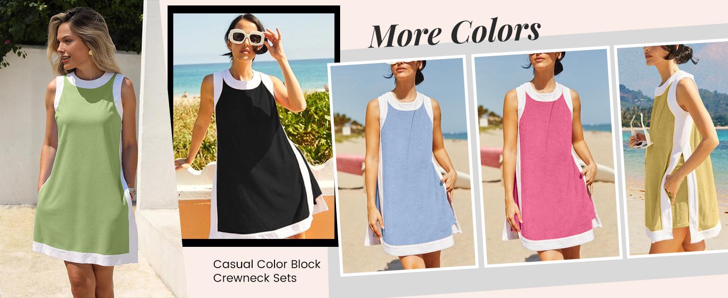 SCUSTY Women's Casual Two Piece Sets Color Block Crewneck Sleeveless Pullover Tops Matching Shorts With Pockets