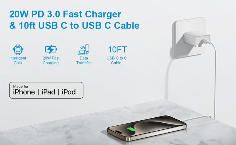 10Ft iPhone 17 16 15 Charger Fast Charging Type C Chargers USB C Charger Block i Phone 16 Chargers with 3 Pack 10FT Cable for iPhone 16/16 Plus/16 Pro/16 Pro Max/iPhone 15/15 Pro Max/Samsung(White)