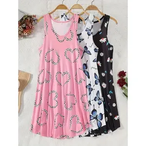 [Home Pajamas] 3pcs Women'S Plus Size Sleepwear Set - Casual Nightgowns with Cartoon Hearts & Butterflies, Lightweight Stretch Fabric, Perfect for Fall, Autumn Nightwear|Playful Print Design|Lightweight Fabric