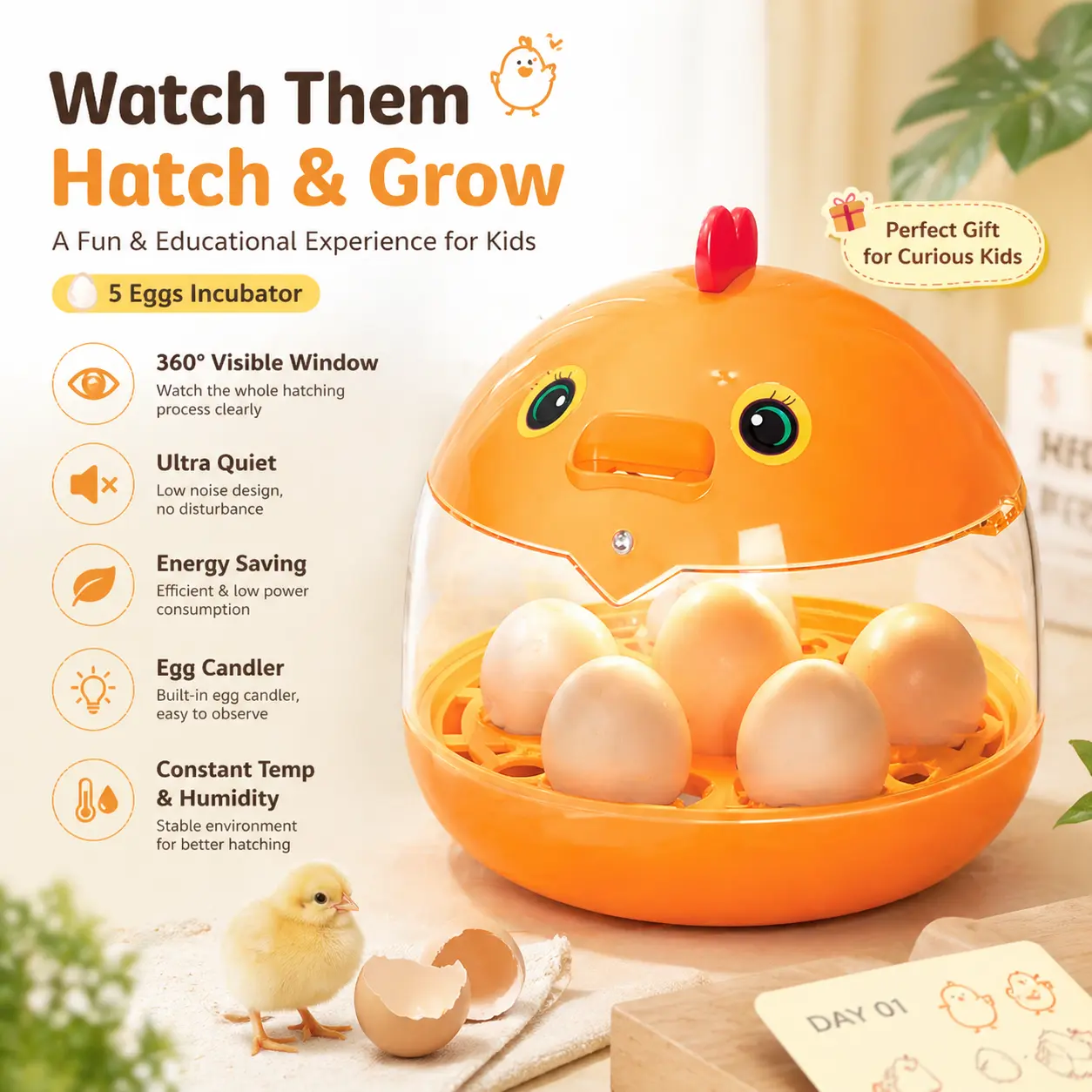 5-Egg Poultry Incubator for Home Use, 360° Window, Built-in Egg Candler | Farm Animal & Pet Supplies Accessory, 5 Eggs Incubator