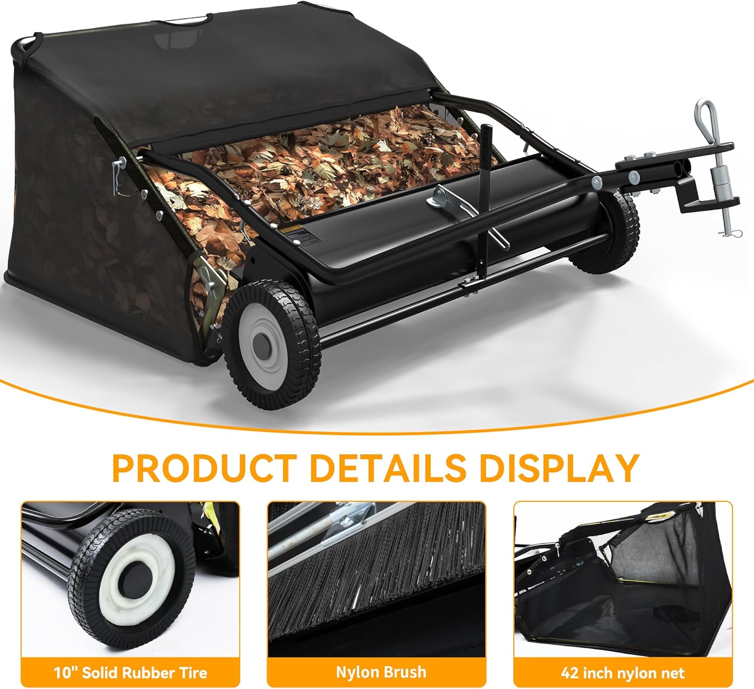 YITAMOTOR 42" / 48"  Lawn Sweeper, Tow Behind Grass Sweeper Leaf Collector, Black Heavy Duty Portable Handle Garden Tool Yard Maintenance