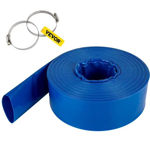 VEVOR 2" (83mm) x 105 ft/32m Braided PVC Fabric Lay-Flat Roll-Up Discharge Hose, Clamp-Secure Fit, Heavy-Duty Weather-Proof Burst-Proof Portable Hose for Swimming Pool, Quarry Water Transfer, Blue