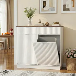 YMW Walnut Wave-Textured Double Tilt-Out Trash Cabinet with 2 Drawers 39.4W x 34.3H x 13.8D inches 10-Gallon Capacity Modern Design for Contemporary Homes Ideal for Laundry Storage