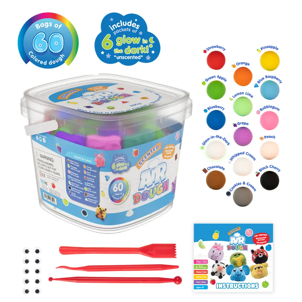 Air Dough Scented Modeling Clay Kit for Kids – 60 Packets Air-Dry Dough with 6 Glow in the Dark, Non-Toxic Mess-Free Sensory Craft Toy, Ages 3+