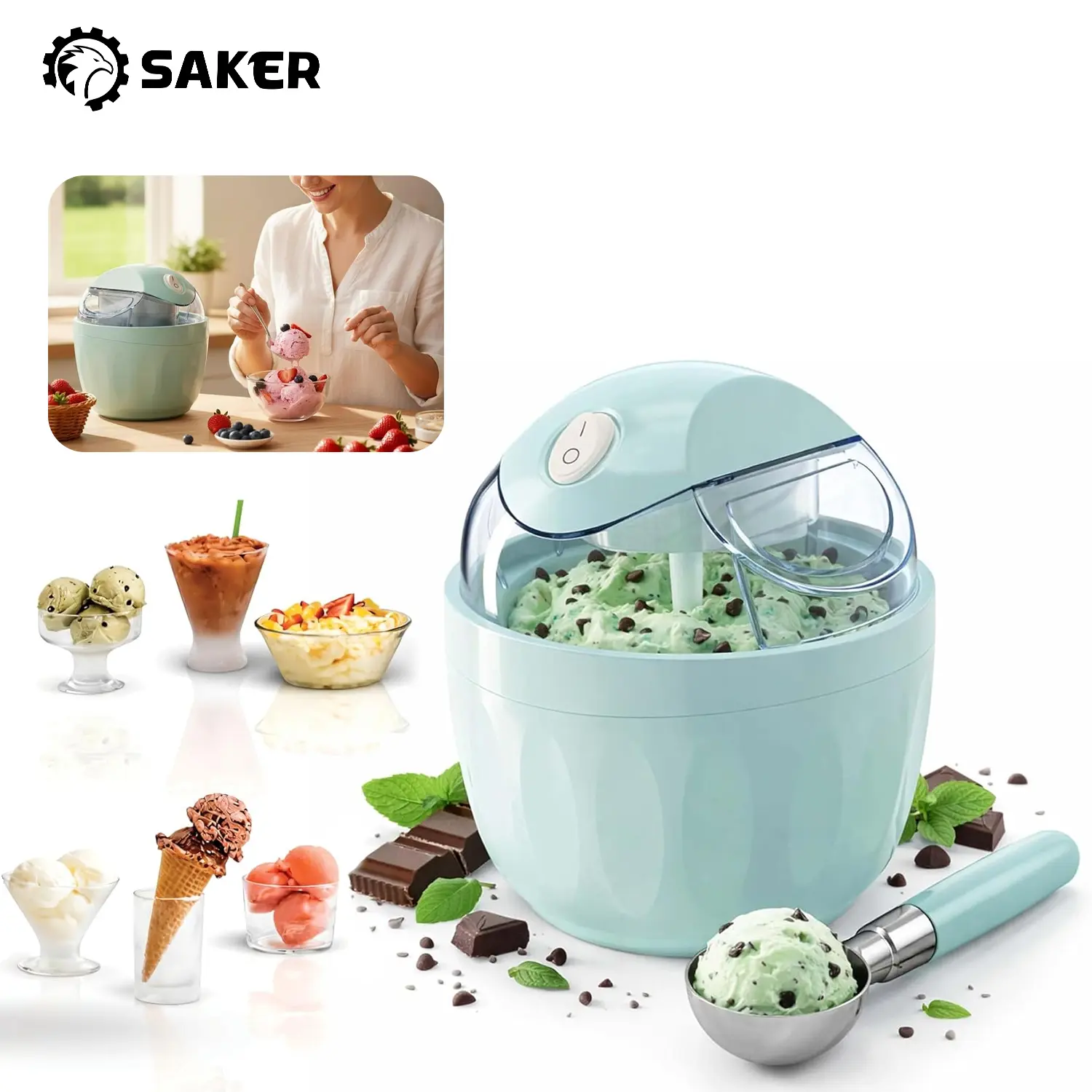 Saker Mini Electric Ice Cream Maker - 1-Touch Operation, 20-Minute Quick Prep, Food-Grade BPA-Free, 3 Soft Candy Colors - Homemade Frozen Dessert Maker for Family Kitchens, Holiday Gifting