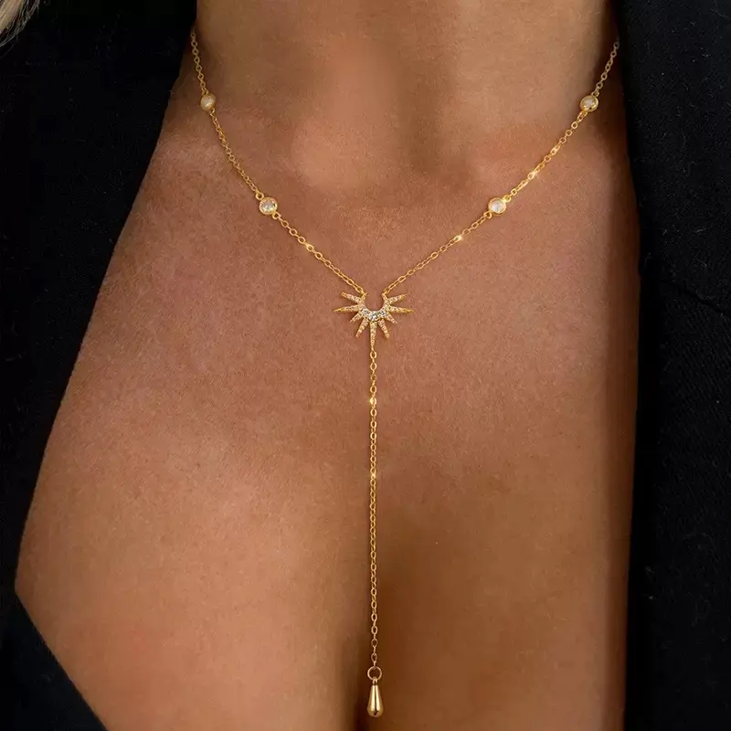 Gold-Plated Decorative Chain Necklace for Women, Layered Y-Style with Crystal Starburst Pendant, Hypoallergenic Adjustable Length Crystal Rhinestone Necklace, Gold Plated Necklaces, Crystal Rhinestone Necklaces