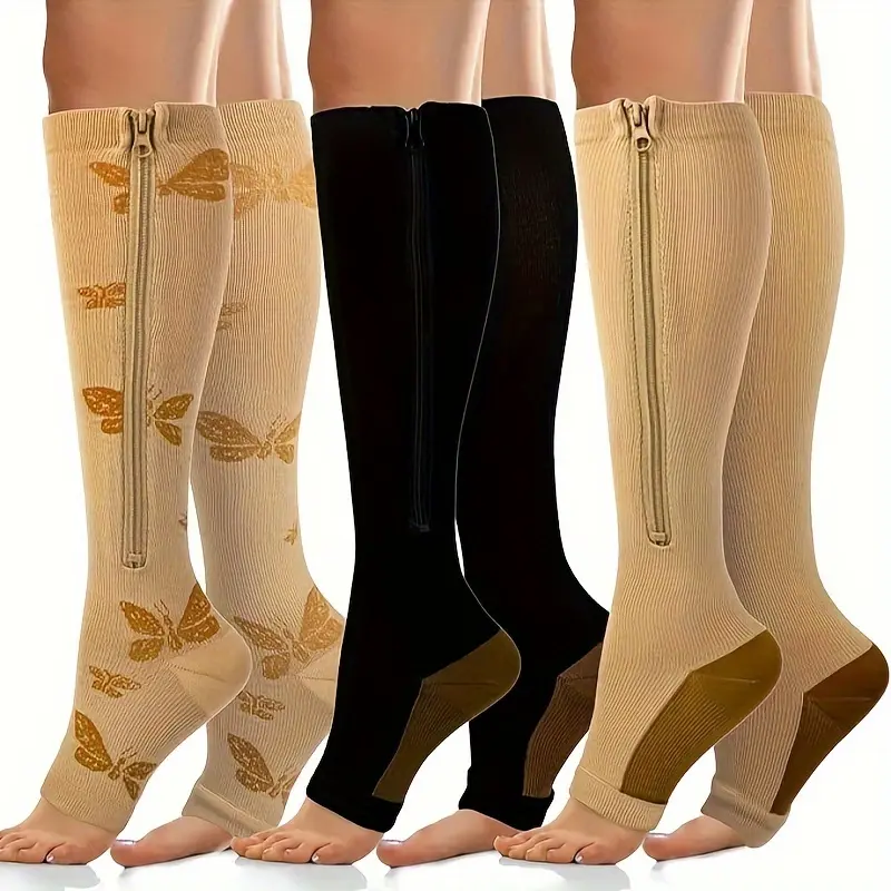 3 Pairs Unisex Toeless Zippered Compression Socks with Ankle Support & Silicone Heel, Graduated Pain Relief for Running & Varicose Veins, Running Socks, Varicose Relief, Zippered Heel, Adults, Compression Stockings, Socks For Running