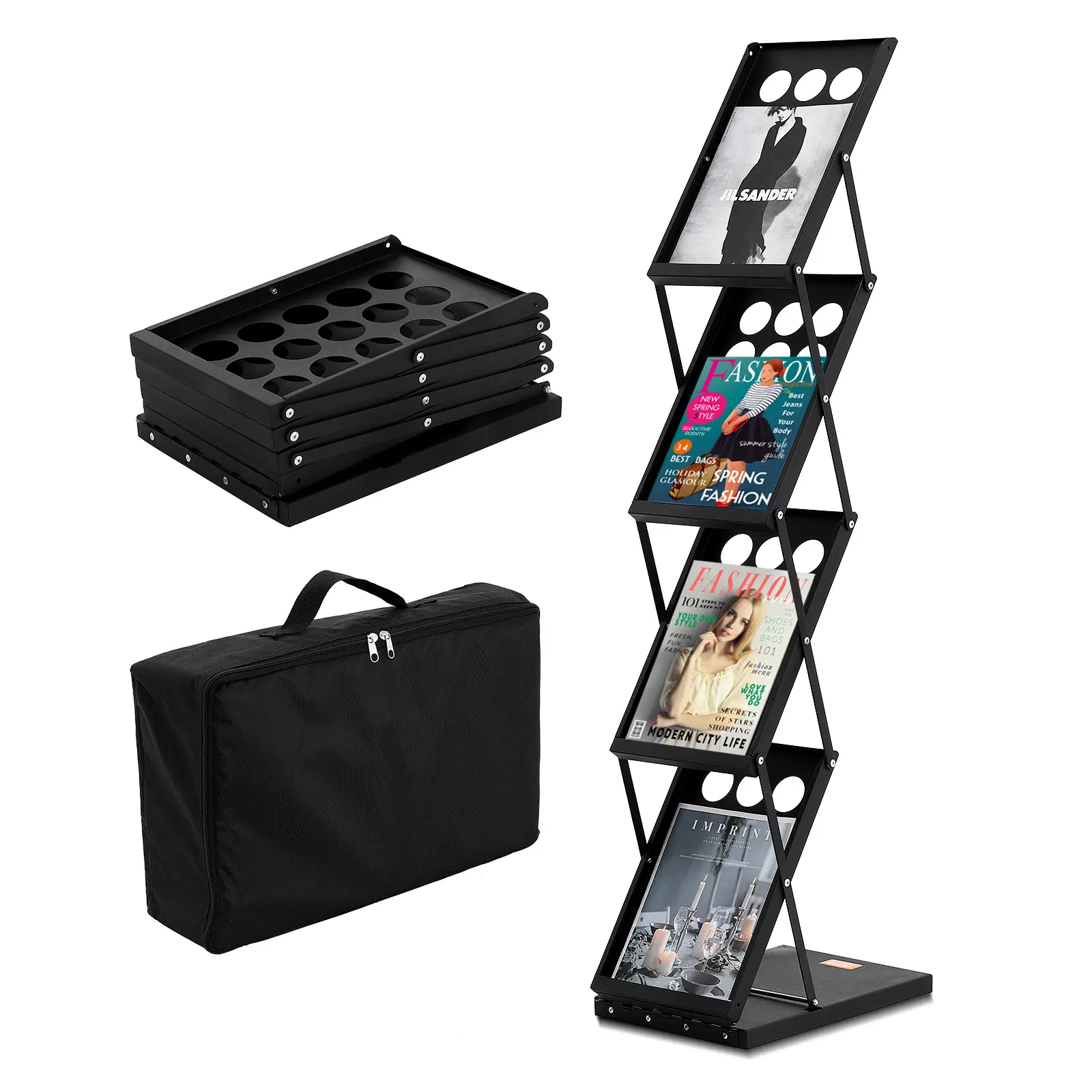 【Summerfinds】VEVOR 4-Tier Metal Frame Floor-Standing Foldable Magazine Display Rack, Smooth 4-Pocket Organiser, Portable Catalog Holder with Carrying Bag, Compact Folded Size for Office, Trade Show (Office Supplies, Room Use), Sturdy