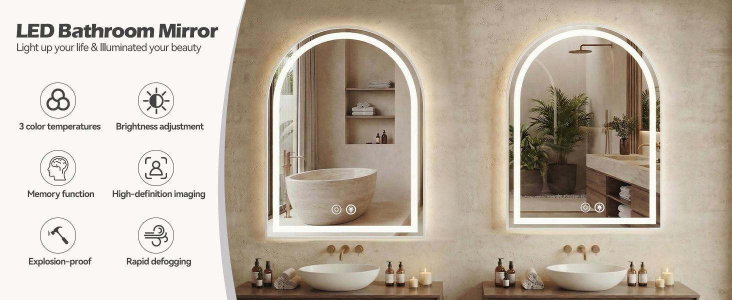 LED Bathroom Mirror With Light ，Dimmable Anti-Fog & 3 Color Temperatures ，Premium Aluminum Frame Mirror For Vanity And Modern Bathroom