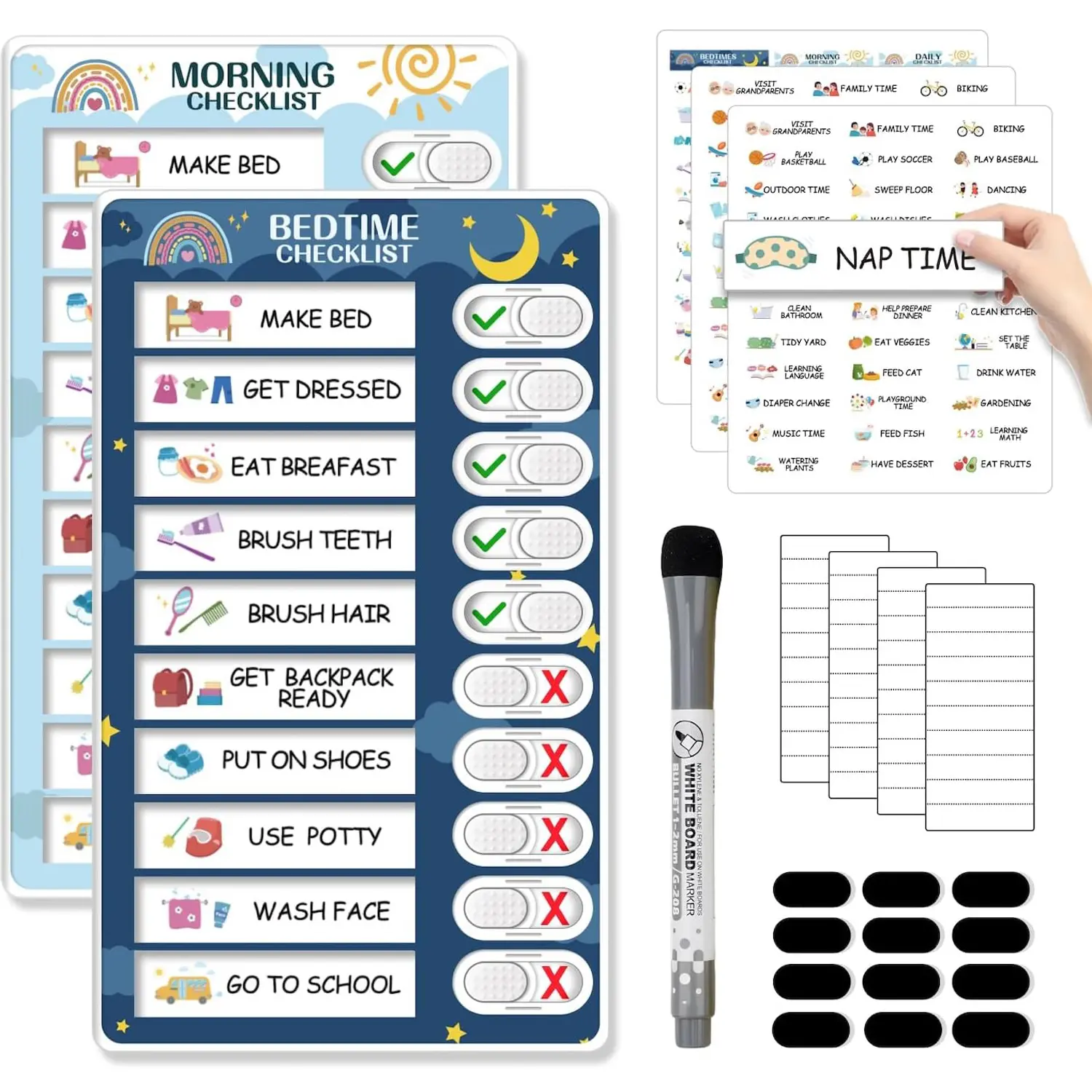 2-in-1 Magnetic Kids' Routine Sticker Chart - Interactive Office Stationery Planner with Sliding Buttons, Visual Icons, Magnetic Sheet, Morning/Bedtime Checklist, ADHD Home Tool for Busy Families to Build Positive Habits, Planners