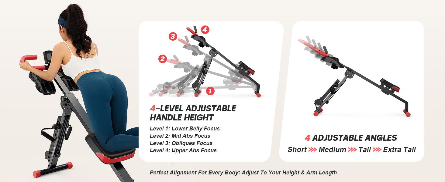 WARMOUNTS Rowing Machine, 4 in 1 Adjustable Ab Machine with 4 Levels and 4 Heights, Foldable Rowing Machine for Home Gym with LCD Display, 266lbs Weight Capacity