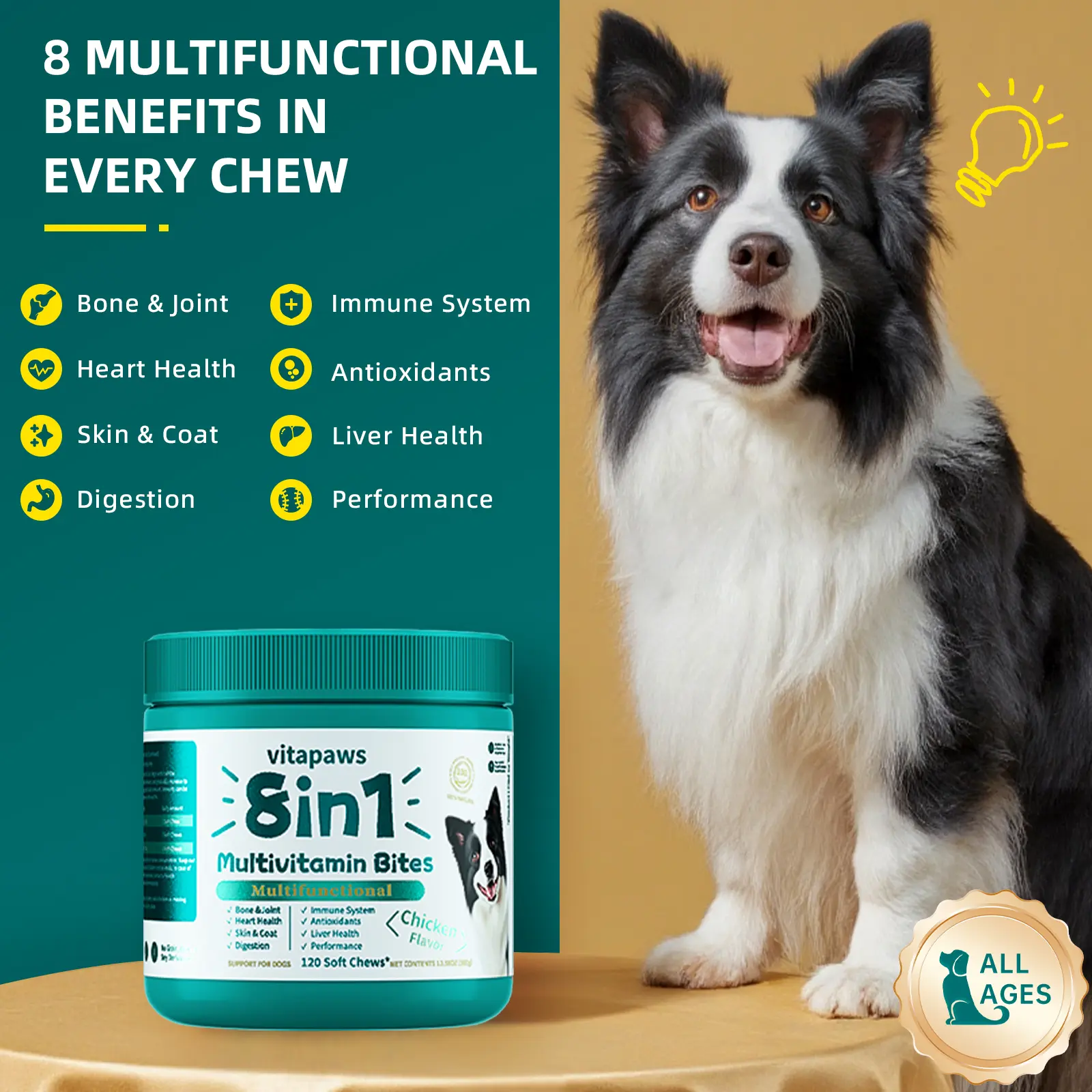 Chewable Dog Multivitamin - Canine Nutritional Supplement with Cod Liver Oil and Biotin Support Coat, Fish Oil for Muscle & Joints, Skin Health - For Senior Dogs & Puppies (Chicken Flavor)