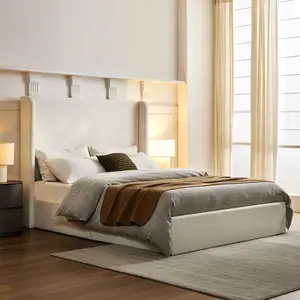 Carmen Upholstered Wingback Bed Queen Size Textured Ivory Canvas Chenille 54" High Headboard Minimalist Design No Box Spring Needed Easy Assembly Modern Chic Bedroom Furniture style frames