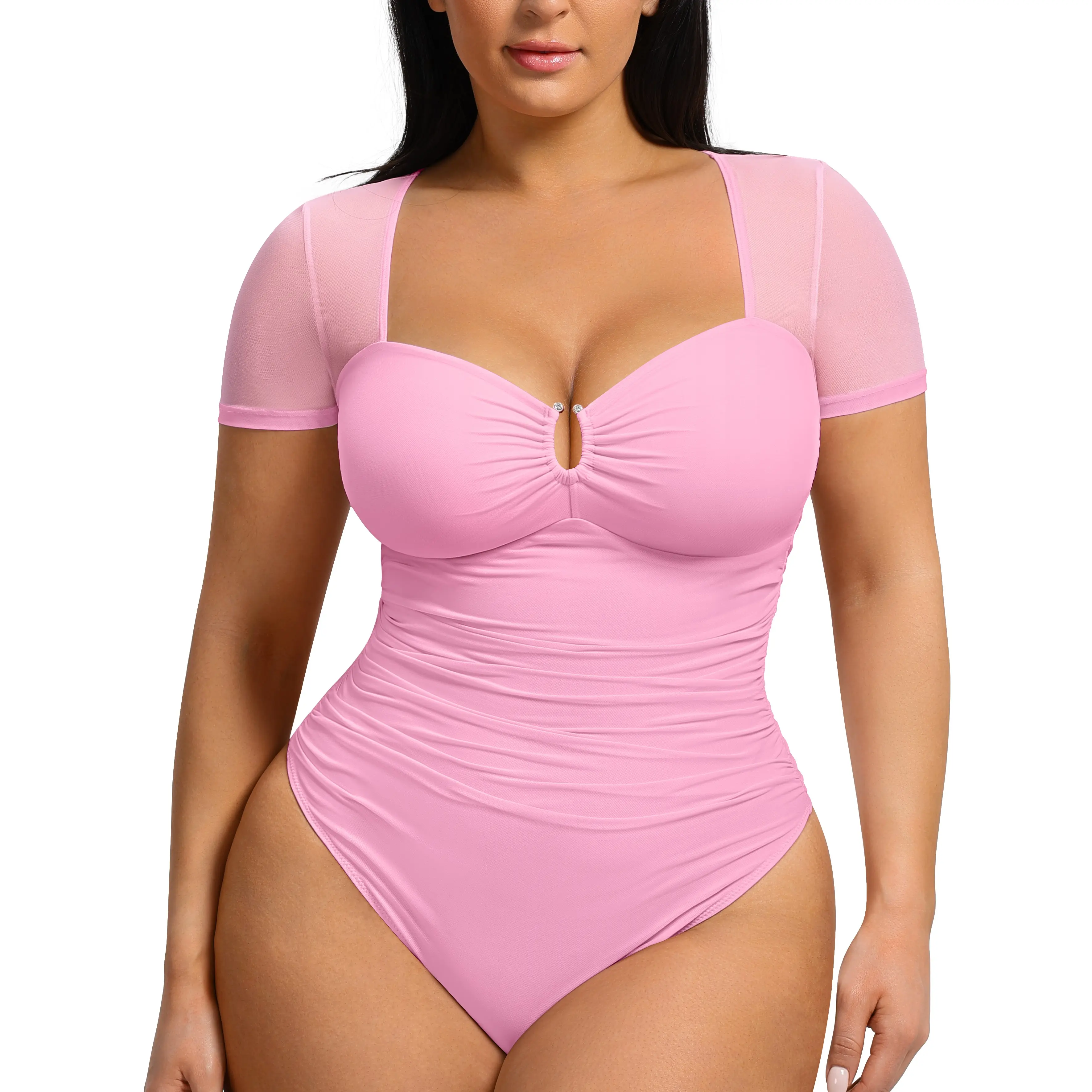FeelinGirl Women Short Sleeve Bodysuit Tummy Control Shapewear Mesh Ruched One Piece Leotard Shirts Going Out Tops