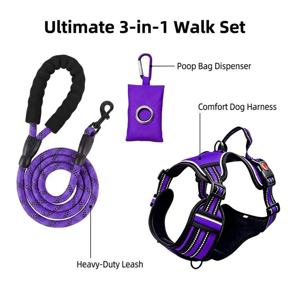 HELETY 3-Piece No-Pull Dog Harness Set with Leash and Waste Bag Holder, Adjustable Reflective Vest, S–XL